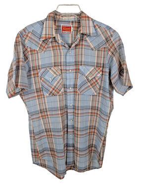 Vintage Ely Plains Plaid Pearl Snap Blue Mens Sz 16 Shirt Western Rodeo Retro